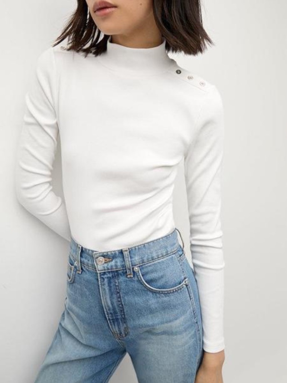 Veronica Beard White Nate Mockneck Top with Buttons Long sleeve Size Small